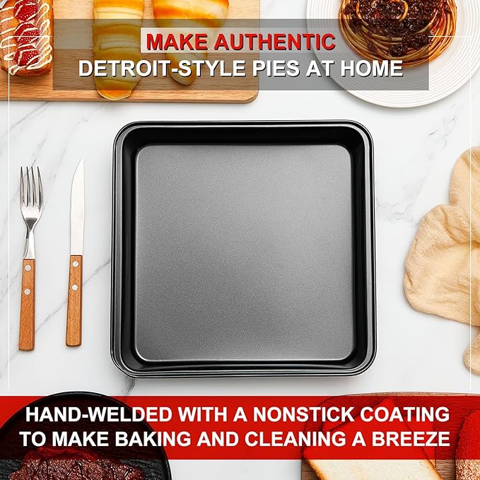 RimCereal 3 Pcs Detroit Style Pizza Pan 10 x 10 x 1.8 Inch Non Stick Rectangle Deep Pizza Pans Pre Seasoned Carbon Steel Sicilian Style Pan Dish Bakeware Kitchenware