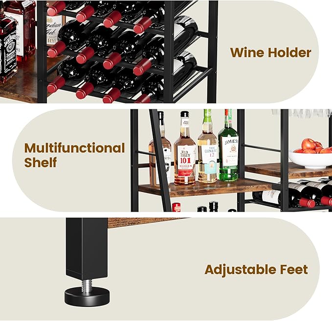 Homeiju Liquor Cabinet Bar for Home Bar, 3 Tier Wine Rack Freestanding Floor with Glass Holder and Fences, Trapezoidal Liquor Bottle Display Shelf for Liquor Whiskey Wine, Brown
