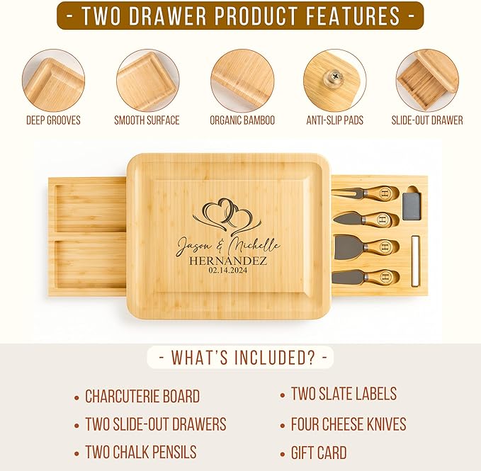 Personalized Bamboo Charcuterie Board Set with Accessories ??Large Serving Tray with Knives & Smooth Surface for Cutting or Serving, Present for Wedding, Christmas, Anniversary, Housewarming Gift