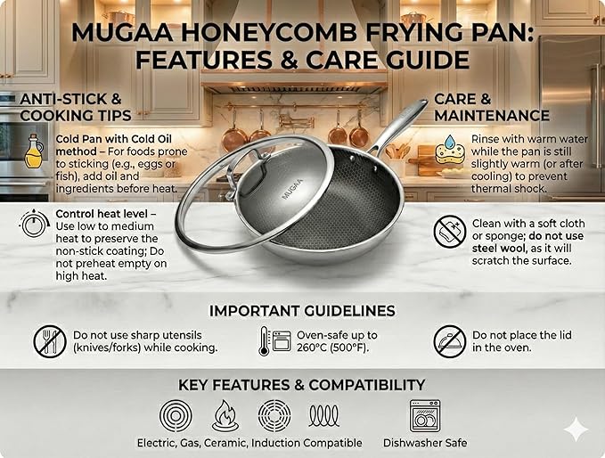 12??Non-Stick Stainless Steel Frying Pan with Lid | Honeycomb Hybrid Skillet for Induction, Gas & Electric Stovetops | Oven Safe, Dishwasher Safe | Premium Gift Packaging