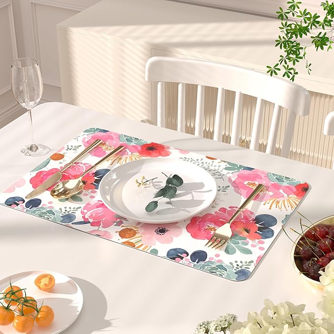 QIYI Placemats Set of 6, 12x18 Inch Faux Leather Place Mats for Kitchen Dinning, Heat Resistant Anti Slip Floral Table Mats, Waterproof Washable Placemat Party Table D챕cor, Watercolor Pink Flowers