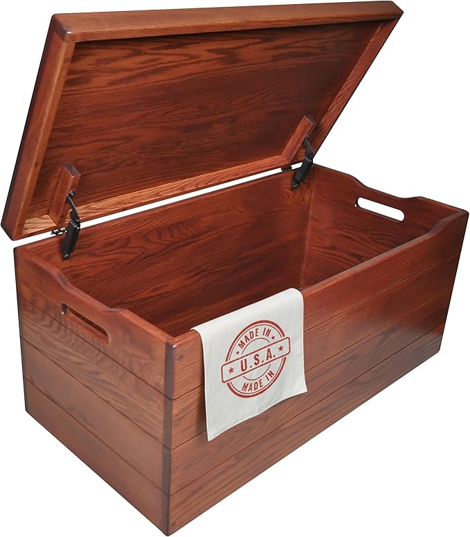 Hope Woodworking Amish Made Wooden Storage Chest Trunk Box with Lid and Handles for Bedroolanket, Clothes, Anti-Slam Hinges, Handmade, Rustic, Oak Wood, Cherry Stain, 36"