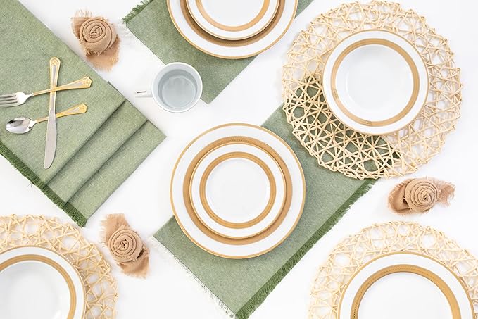 48 Piece Elegant Dinnerware Sets for 12 ??Porcelain Plates, Bowls ??White and Gold Rope Vintage Design Dishware for Kitchen Table, Formal Dining or Everyday Use (Rope Gold)