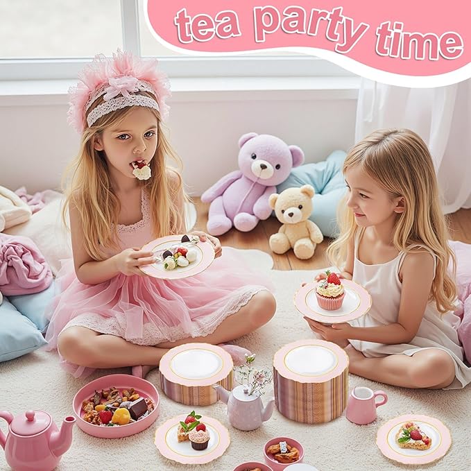 WDF 60pcs Pink Dessert Plates - 7.5inch Baroque Pink &White Disposable Dessert/Appetizer Small Cute Cake Plates for Upscale Parties &Wedding-Special for Bridal Shower, Brithday, Valentine's Day