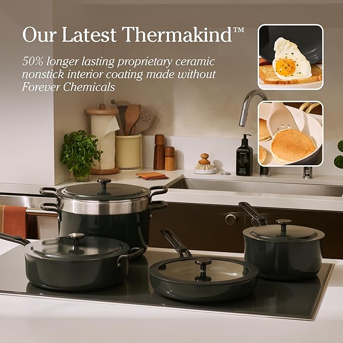 Our Place 11-Piece Essentials Complete Cookware Set - Ceramic Fry Pan, Saucepan, Saut챕 Pan, Stock Pot, Strainer Basket & Rack Storage | Thermakind??Nonstick, Oven Safe up to 450째F | Char