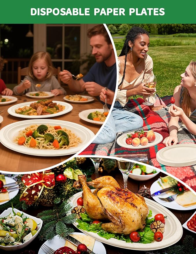 100Pack Compostable Oval Paper Plates Disposable Plates Heavy Duty Eco-Friendly Large Dinner Plates Biodegradable Bagasse Paper Plates for Meals, Parties, Birthday, Christmas
