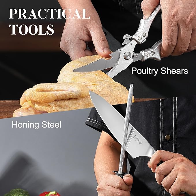 9 Pieces Knife Set with Block, Hand Forged High Carbon Steel Sharp Blade Cooking Knives Set with Holder for Kitchen, Block Chef Knife Set Professional, Best Gifts for Men Women