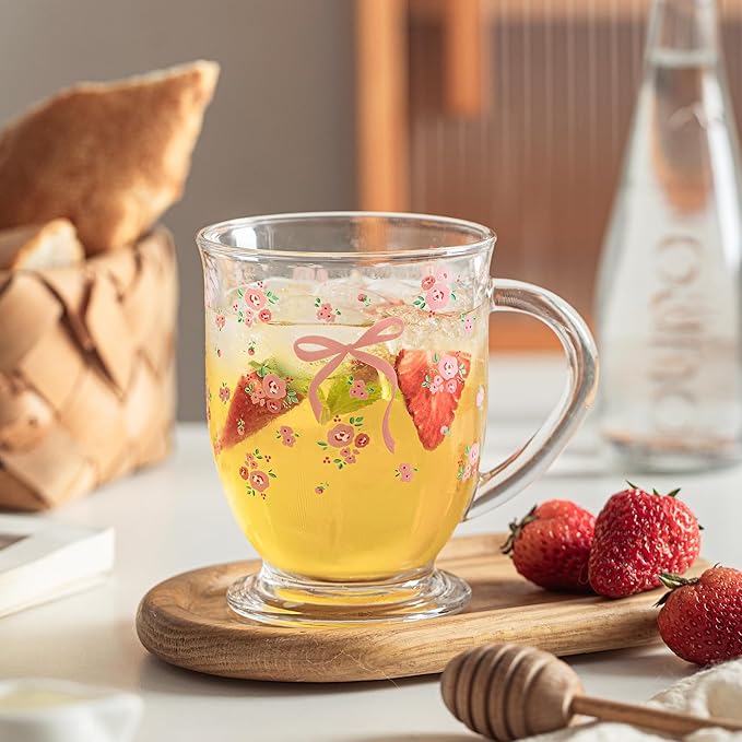 16oz Valentine's Coffee Mugs Set of 2 - Clear Flower Rose Bow Pattern Cups with Handle, Romantic Mug, Sweet Valentine's Gifts for Couple Drinking Glasses for Valentines Party- Dishwasher Safe