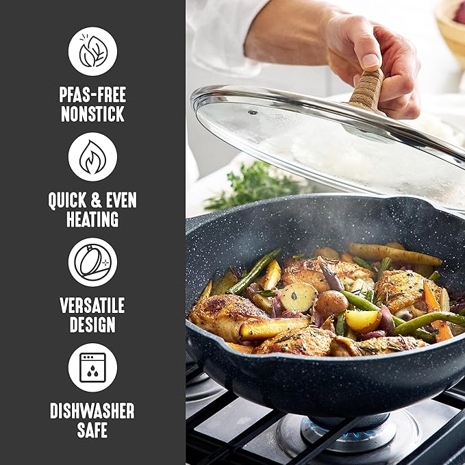 GreenLife Nonstick 12??(5QT) All in One Deep Skillet Wok with Lid, PFAS-Free Non-Toxic Ceramic Multi-Purpose Pan, Induction, All Stovetop, Egg, Stir Fry, Saute, Stay Cool Handle, Granite Black