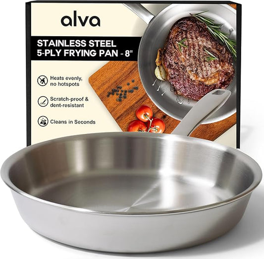 Alva Maestro 5-Ply Stainless Steel Frying Pan 8????Non-Toxic, Made without PFAS/PFOA/PTFE ??Pro-Level Heat Control for No Hotspots, Induction & Oven Safe, Works on All Stovetops, Perfect Searing