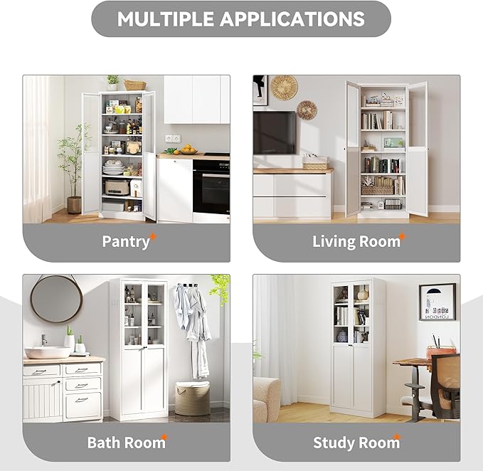 72 Inch Tall Metal Pantry Cabinet, Kitchen Pantry Storage Cabinets with Adjustable Shelves, Metal and Glass Pantry Cabinet for Kitchen Dining Room Living Room Bathroom, White