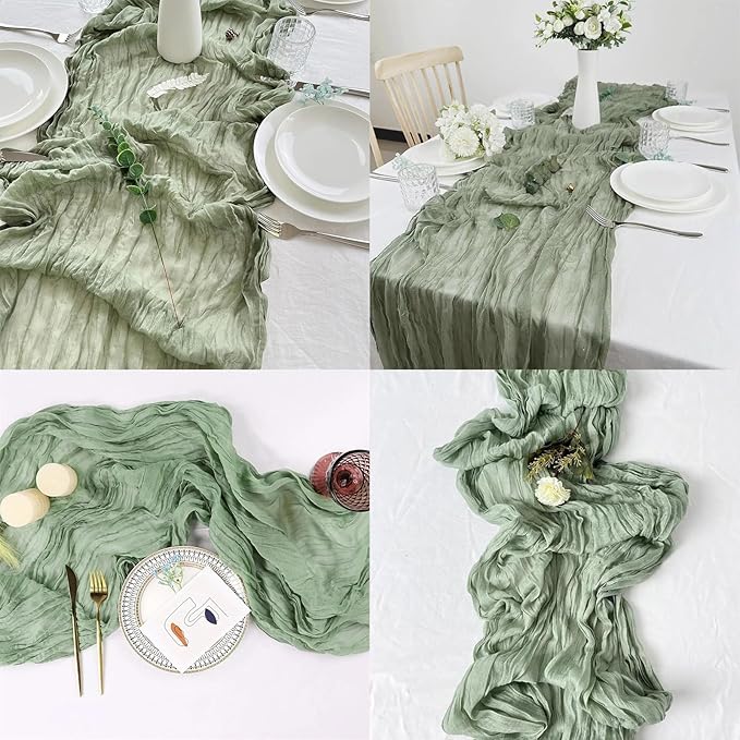 8 Pack Sage Green Cheesecloth Table Runner 20 x 120 inch Gauze Table Runners 10 FT Long,Semi Sheer Boho Cheese Cloth Fabric Table Runner Bulk for Wedding,Party,Baby Shower,Bridal Shower Decoration