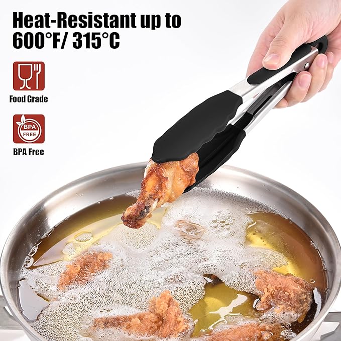 Doosu Kitchen Tongs for Cooking - 600째F Heat Resistant Food Tong with Non-Scratch Silicone Tips, Heavy Duty Stainless Steel Locking Tong for BBQ, Grilling Steak, Serving Salad, Pasta (7in, Black)