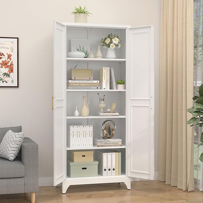 Kitchen Pantry Cabinet,75?쓂hite Metal Storage Cabinets with Doors and 4 Adjustable Shelves,Kitchen Cabinet with 2 Gold Handles,Tall Cabinet for Livingroom,Pantry, Bathroom