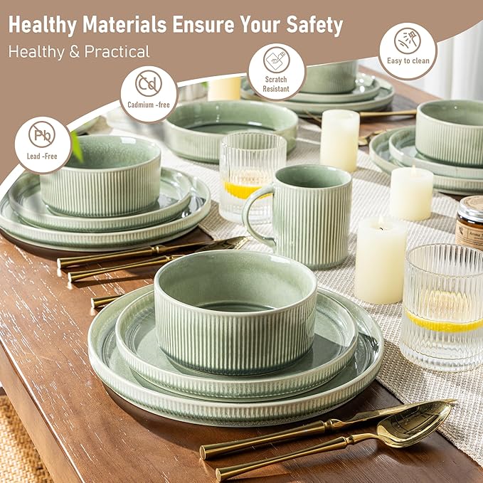 GBHOME Stoneware Dinnerware Sets for 8,Round Reactive Glaze Ceramic Plates and Bowls Set,Highly Scratch Resistant | Dishwasher & Microwave Safe Dishes Set,Service for 8(24pcs)竊똋ight Green