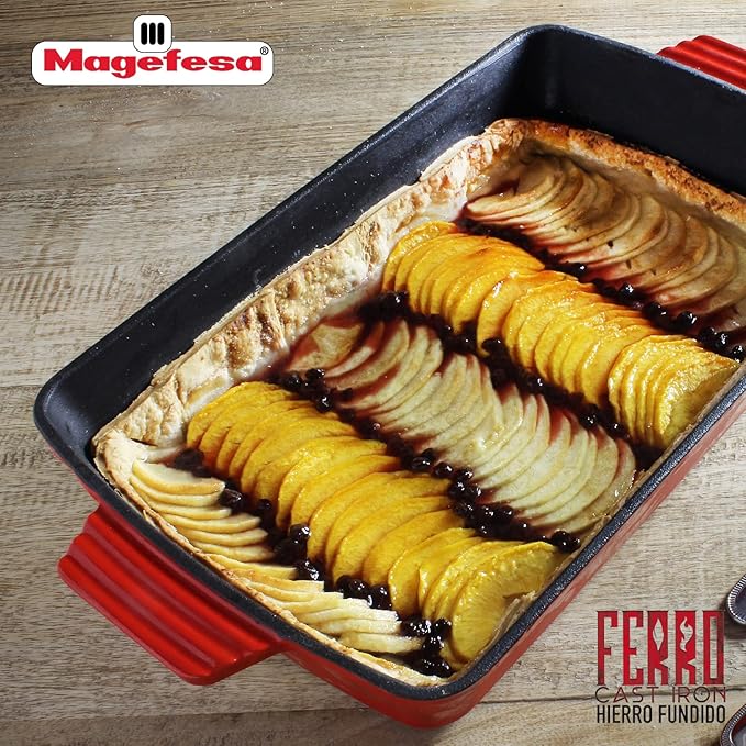 Magefesa FERRO 13.4-Inch Enameled Cast Iron Red Baking Pan, Superior Heat Retention & Distribution, Compatible with All Cooktops, Induction & Oven Safe, Energy-Efficient, Durable, Easy to Clean