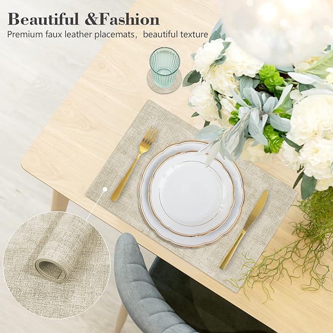 JUCCWARM Faux Leather Placemats Set of 6,Heat Resistant Placemats for Dining Table, Easy Clean Non-Slip Place Mats, Waterproof Stain Resistant Wipeable Washable PU Table Mats, (Beige)