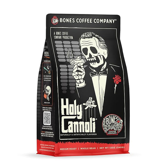 Bones Coffee Company Holy Cannoli, Baked Cannoli Flavored Coffee, Medium Roast Low Acid Arabica Beans Compatible with Auto drip and French Press Coffee Maker, 12 Oz Whole Bean