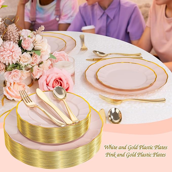 EI 150pcs Pink Plastic Plates with Gold Plastic Silverware,Pink Party Plates,Heavy Duty Plate Disposable,Gold Dinnerware Set for Birthday, Afternoon Tea,Wedding