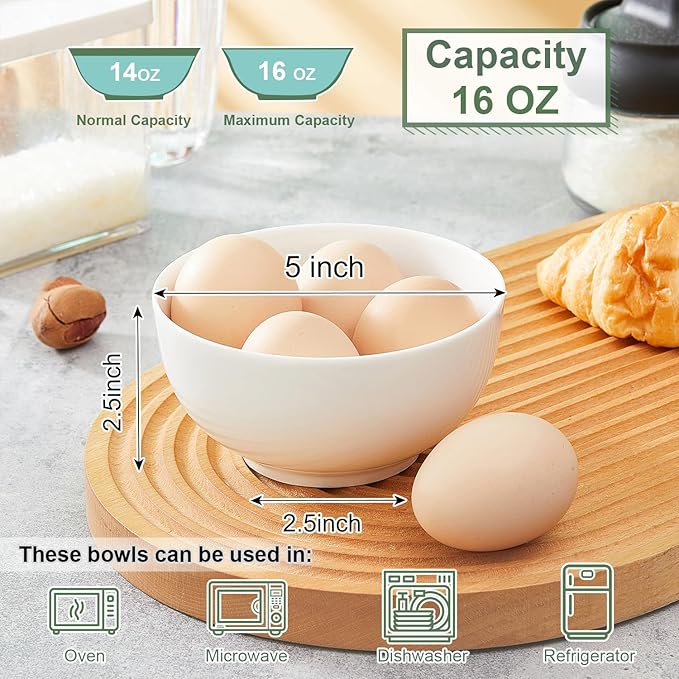 AntoKueh 5 Inch Ceramic Cereal Bowls, 16 Ounces Small Bowls Set of 6,White Dipping Bowls for Kitchen,Dessert, Fruits, Snack,Microwave and Dishwasher Safe
