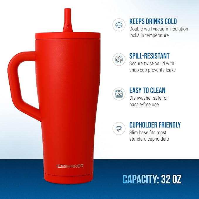 Ice Shaker 32 oz Tumbler with Handle and Straw | 32oz Red | Cold for 30+ Hours | 2-in-1 Tumbler Shaker Bottle | Odor-Free 32 ounce Bottle for Water, Protein Shakes, Smoothies, Cocktails