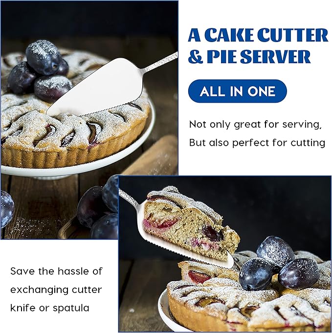 5-Piece Pie Server, E-far Hammered Stainless Steel Cake Server Spatula Cutter for Pastry Cheese Pizza, Serrated Edge with Round Handle, Mirror Polished & Dishwasher Safe-9 Inch