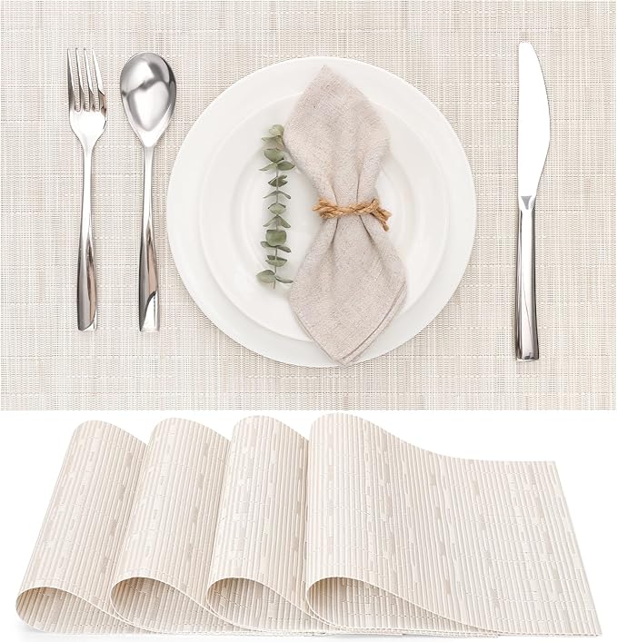 Myir JUN Placemats Set of 6, Vinyl Woven Placemats Place Mats Indoor Washable Table Mats Non-Slip Place mats for Dining Table (B-Off White, Set of 6)
