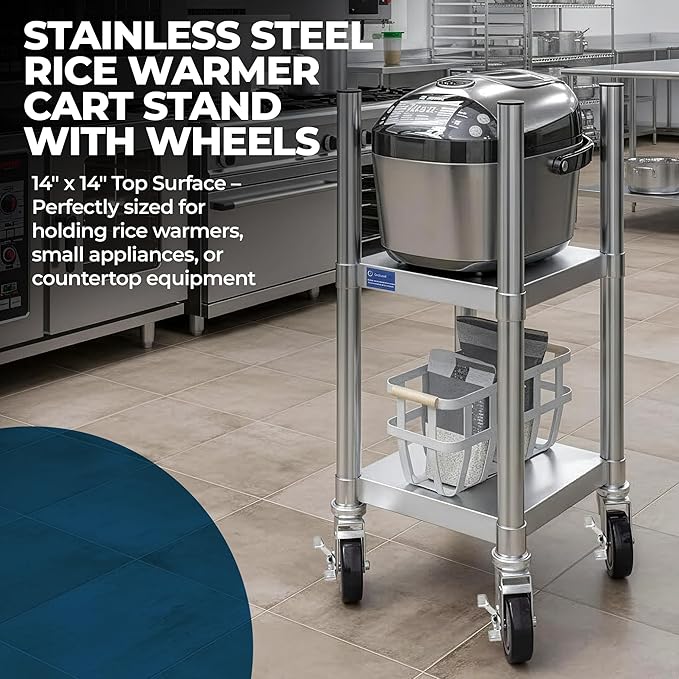 Commercial Stainless Steel Rice Warmer Cart Stand with Wheels ??14" x 14" Mobile Utility Stand for Kitchens & Restaurants | Heavy-Duty Design