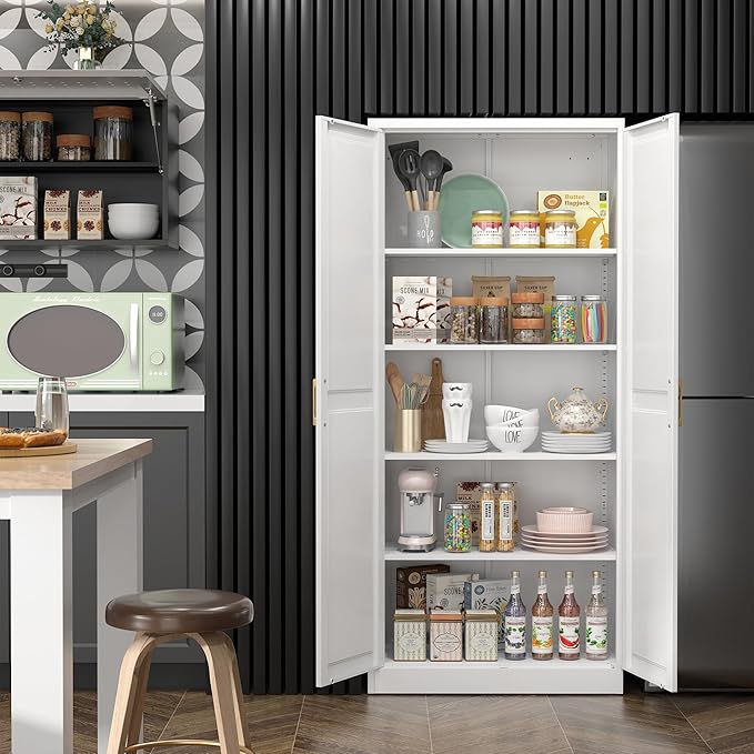 Kitchen Pantry Cabinet,71?쓂hite Metal Pantry Storage Cabinet with Doors and 4 Adjustable Shelves,Kitchen Cabinet with 2 Gold Handles,Tall Cabinet for Livingroom,Pantry, Bathroom,Kitchen