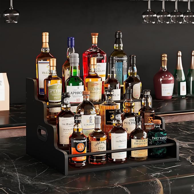 19.6?쓂 x 15.74" D x 12.5" H Inches Versatile 4-Step Coffee Syrup & Water Bottle Organizer Rack Multi-Functional Retro Display Shelf for Kitchen or Bar, Holds Liquor & Spirits, Black