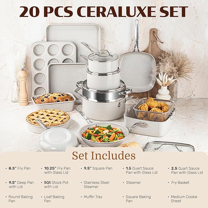 Granitestone 20 Pc Ceramic Cookware Set Nonstick, Complete Pots and Pans Set Non Stick for Kitchen with 5 Pc Bakeware Set, Deep Frying Pan Set, & Steamer, Non Toxic PFOA Free, Oven & Dishwasher Safe