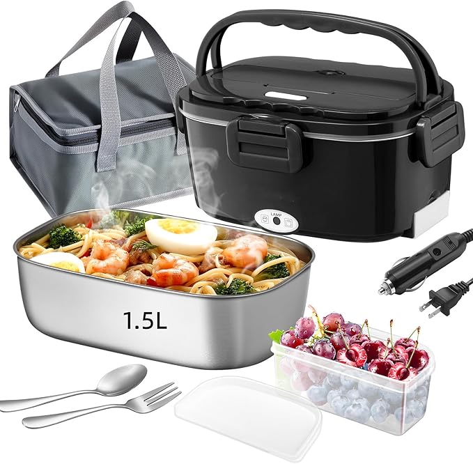 Vidaskeci Electric Lunch Box For Adults, 80W Heated Lunch Box 1.5L Stainless Steel Heatable Lunchbox For Men, 12V/24V/110V Portable Food Warmer For Car Truck Work竊똄lectric heating lunch box