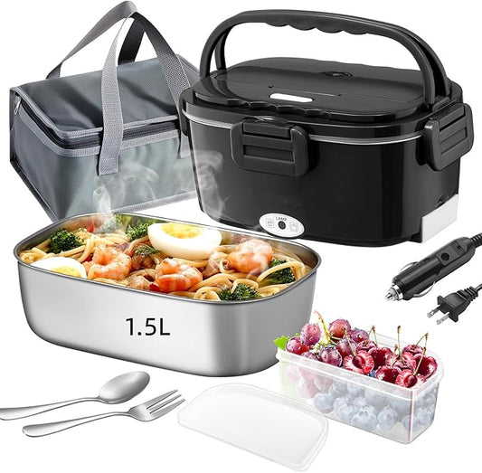 Vidaskeci Electric Lunch Box For Adults, 80W Heated Lunch Box 1.5L Stainless Steel Heatable Lunchbox For Men, 12V/24V/110V Portable Food Warmer For Car Truck Work竊똄lectric heating lunch box