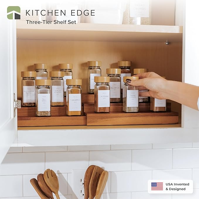 KitchenEdge Expandable Spice Rack Organizer for Cabinet, 3-Tier Shelf for Spice Organization (11??to 22??, Fits 36 Spice Jars, Seasoning and Pantry Storage, Non-Slip Feet, 100% Acacia Wood