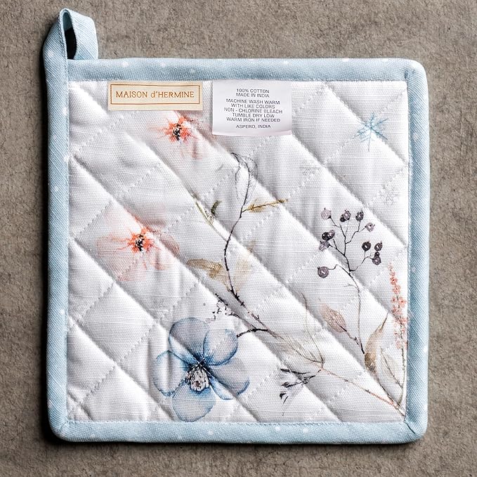 Maison d' Hermine Pot Holders Set 100% Cotton Heat Resistant Potholders 8" x 8" Hot Pads with Loop for Thanksgiving Christmas Decorations BBQ Cooking Baking Handling Hot Pans (Pack of 2, Ice Florals)