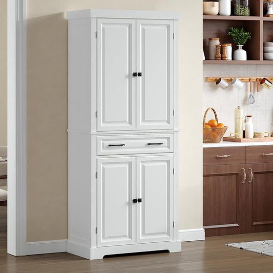 72" Tall Kitchen Pantry Cabinet, White Wooden Storage Cabinet with Drawer, Adjustable Shelves & Anti-Tip Device, Freestanding Bathroom Storage Cabinet, Pantry Cabinets for Kitchen Storage