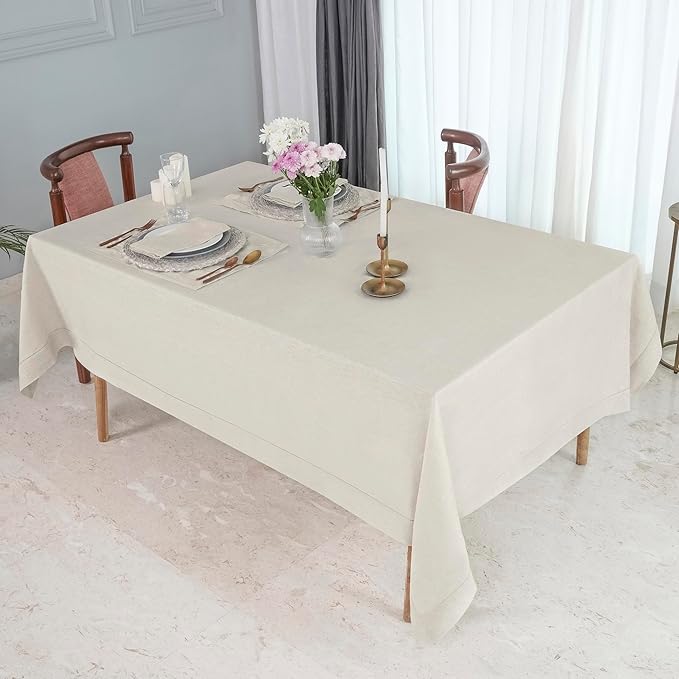 D'Moksha Homes Light Natural Linen Tablecloth for Rectangle Tables 60 x 132 Inch - 100% Pure Linen Natural Table Cloth - Classic Hemstitch, Machine Washable Dining Tablecloth for Valentines, Easter