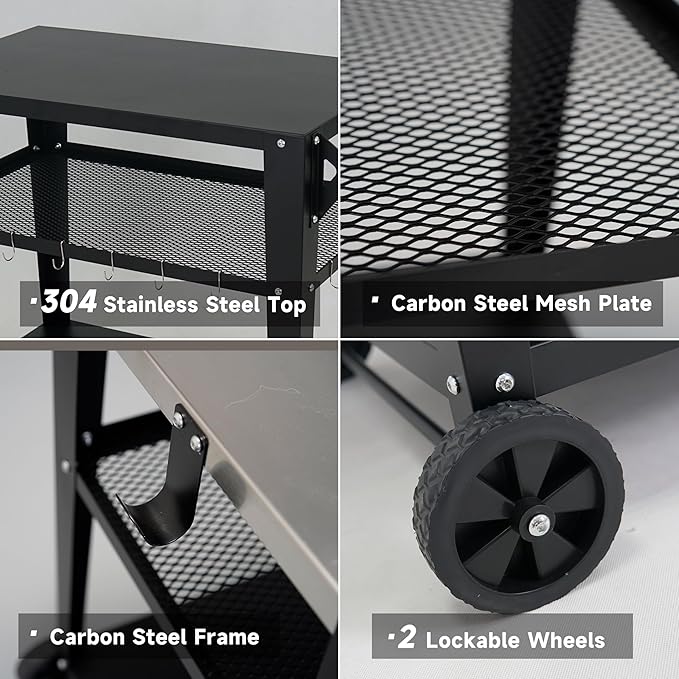 LEETOLLA Black Outdoor Grill Cart with Wheels, Heavy-Duty 3-Tier BBQ Prep Table for Pizza Oven, Griddle, Patio ??Rustproof Commercial Kitchen Cart with Tool Hooks