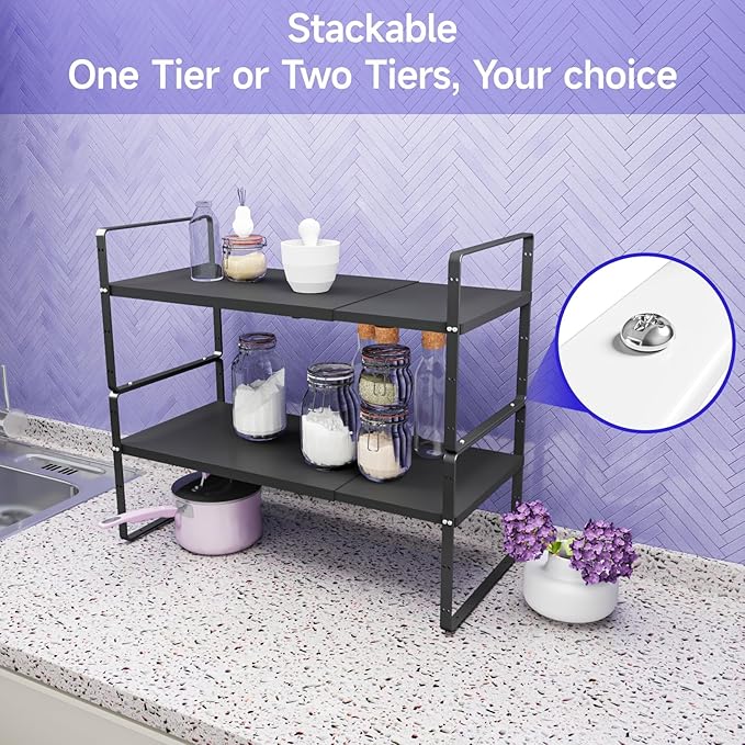 2Pack 16.5-27?쇺셂 Expandable Stackable Cabinet Shelves, Adjustable Spice Rack Cabinet Shelf Organizer for Kitchen, Countertop, Pantry and Cupboard, Black