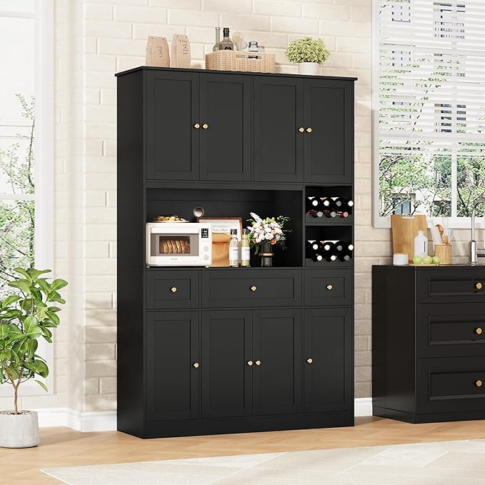 72" Tall Black Pantry Cabinet, Kitchen Hutch with Wine Rack, Microwave Stand, Buffet Cabinet with Hutch for Dining Room Kitchen, Home Bar Black