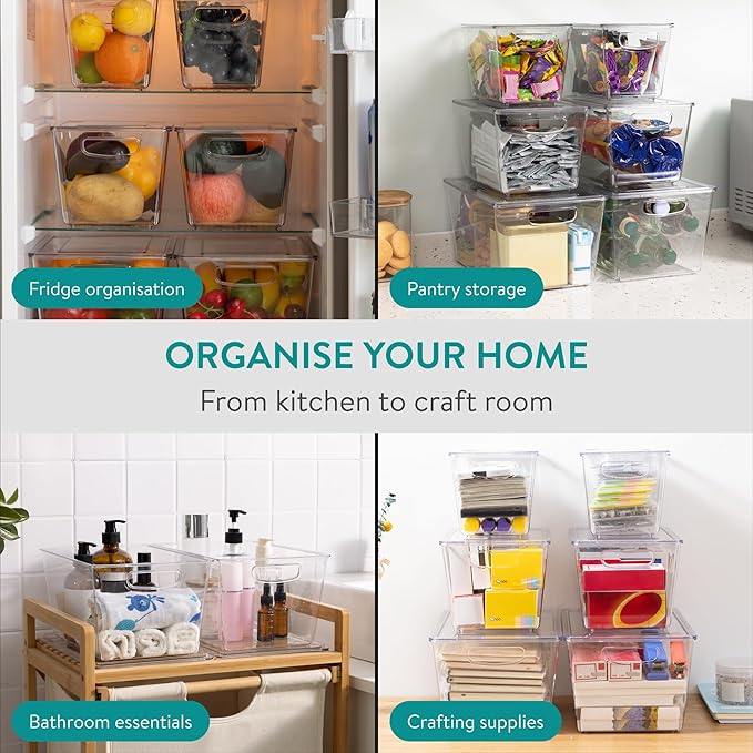 Navaris Fridge Storage Containers with Lids - Stackable Space-Saving Organizers - Large Capacity for Kitchen Pantry Organization - Set of 6 (1.7QT/3QT/4.9QT - 1.65L/2.85L/4.6L)