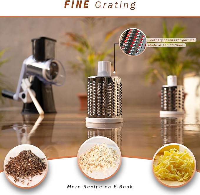 KARTWILL Rotary Cheese Grater Hand Crank with Handle - 3-in-1 Cheese Shredder - Easy to Clean Rotary Grater - Mandoline Vegetable Slicer - with Brush and Peeler - Black