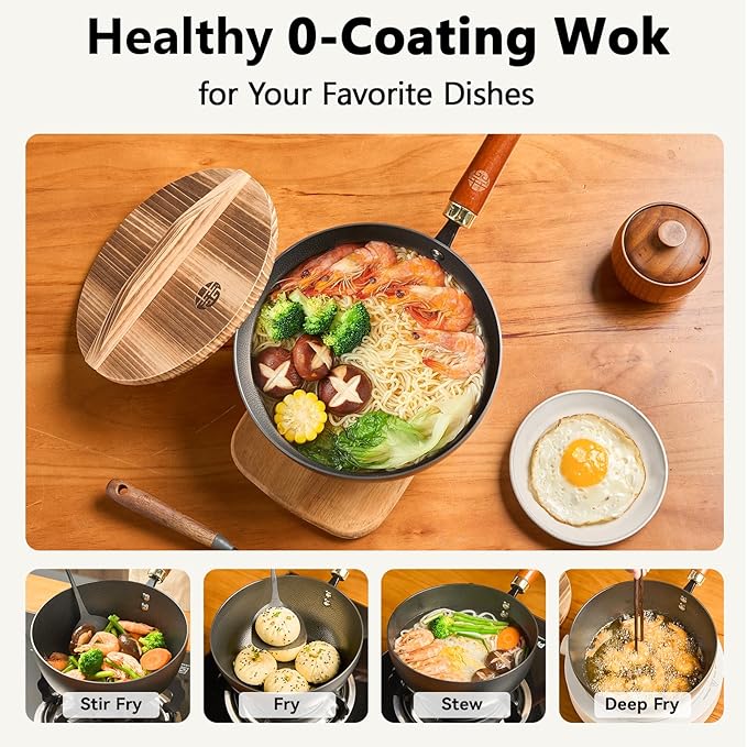 WANGYUANJI 8.7" Flat Bottom Iron Wok ??Small Stir Fry Pan with Wooden Lid, No Coating, Induction Compatible, Ideal for Everyday Cooking