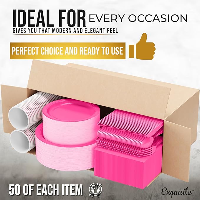 Exquisite 350 Pcs Hot Pink Paper Plates For Party, Hot Pink Disposable Plates Set, 50 Of Each 9" Dinner Plate Set, 7" Dessert Plate, Cups, Napkins & Cutlery Paper Dinnerware