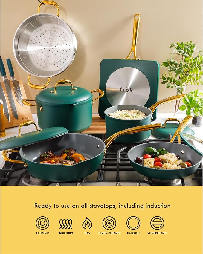 Frok 10 Piece Pots and Pans 4MM Thick Quick Heat Aluminum Cookware Set w/Premium PFA Free Ceramic Nonstick Interior Heat Resistant Exterior - Induction - Green & Gold