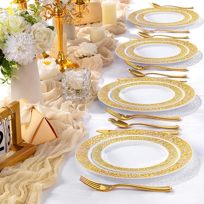 I00000 200 Pcs White and Gold Plastic Plates, Disposable Plastic Plates for 100 Guests Include: 100 Pcs Dinner Plate 10.25??and 100 Pcs Dessert Plate 7.5??Perfect for Party and Wedding