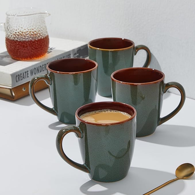Coffee Mug 14 oz, Ceramic Coffee Mugs Set of 6, Reactive Glaze Mug for Latte/Tea/Cappuccino, Large Stackable Mug Set for Men, Women, Dad, Mom, Dishwasher & Microwave Safe, Brown Green