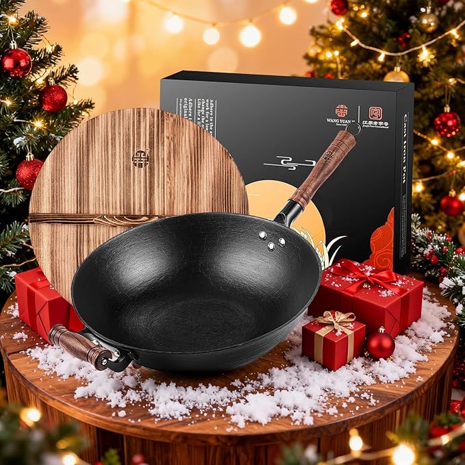 WANGYUANJI Cast Iron Pot,13.4 inch Craft Wok Chinese Wok,Flat Bottom Iron Woks with Lid,Fry Pan Suitable for Induction, Electric, Gas, Halogen All Stoves-Black