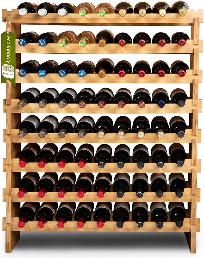 72 Bottle Wine Rack ??Modular Freestanding Bamboo Wine Storage Shelf for Home, Kitchen & Cellar ??Stackable Wine Organizer Stand