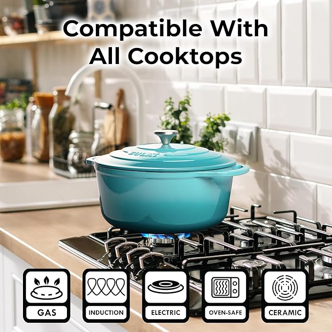 Zulay Kitchen 5 Quart Enameled Cast Iron Dutch Oven Pot with Lid ??Premium Durability & Oven Safe up to 500째F ??Heavy Duty Cookware Perfect for Bread Baking, Stews, Braising & Roasting ??Light Blue